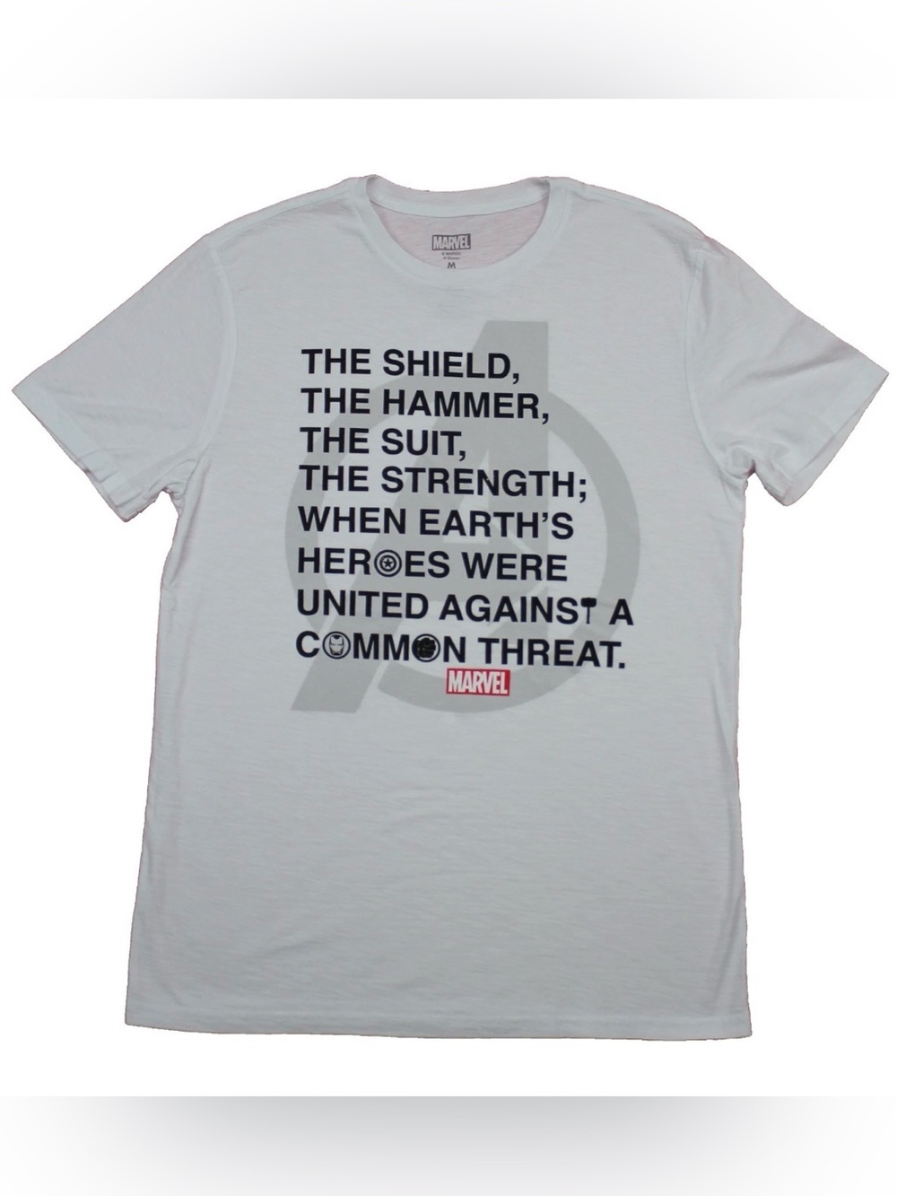 Marvel White Short Sleeve Graphic Tee with Black Text and Red Logo
